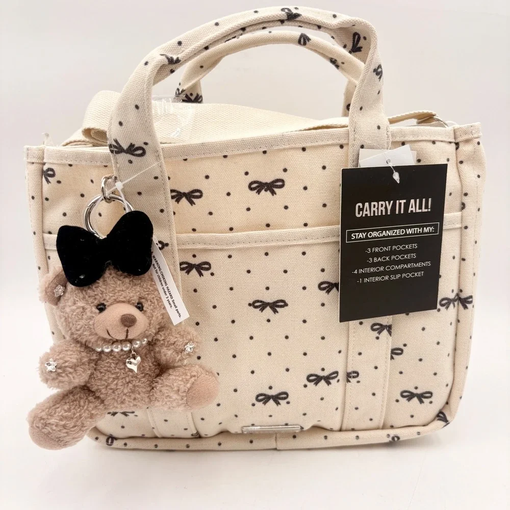 Madden Girl Carry It All Canvas Tote Bag Bow Polka Dot Cream Black Teddy‎ Charm